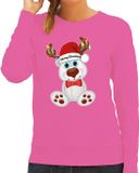 Bellatio Decorations Foute Kersttrui/sweater voor dames - Merry Christmas - roze - kerst ijsbeer S