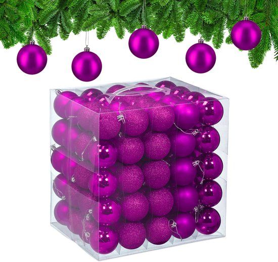 Relaxdays Kerstballen set van 100 - Ø 6 cm - kunststof - onbreekbaar - paars
