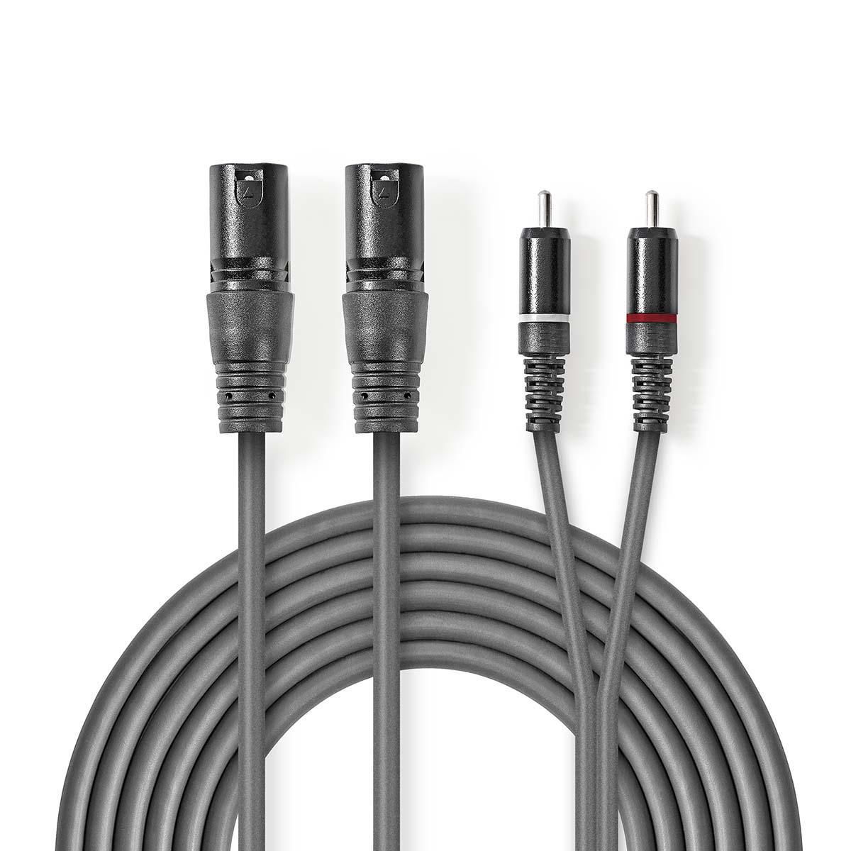 Nedis Audio Cable - 3m - 2x XLR (3-pin) to 2x RCA - Grey