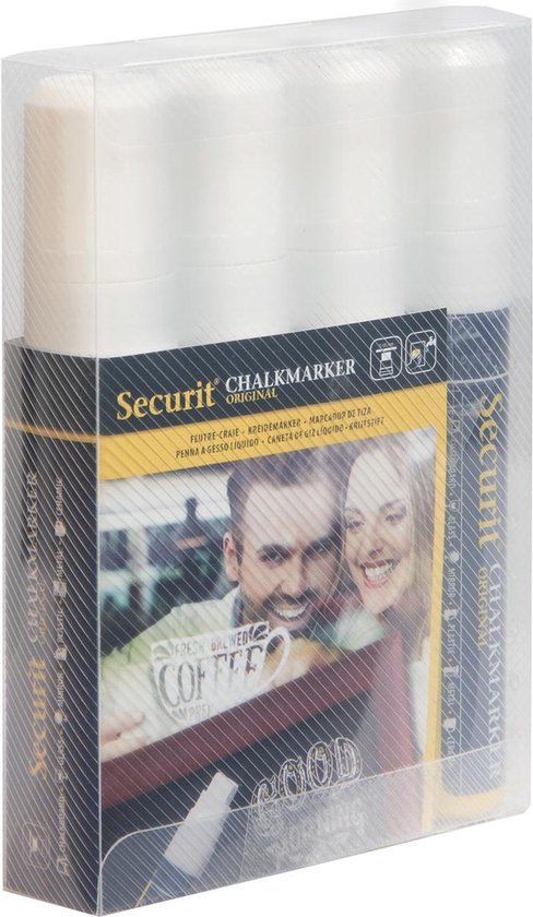 Securit Krijtmarker L Wit 4X | Set van 4 vloeibare krijtstiften - Voor niet-poreuze oppervlakken - Grote punt 7-15 mm - Wit