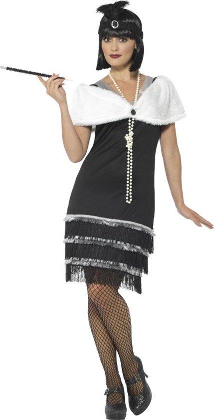 Smiffys Dames flapper kostuum, jurk, haarband en vacht stola, maat: 40-42, 43128