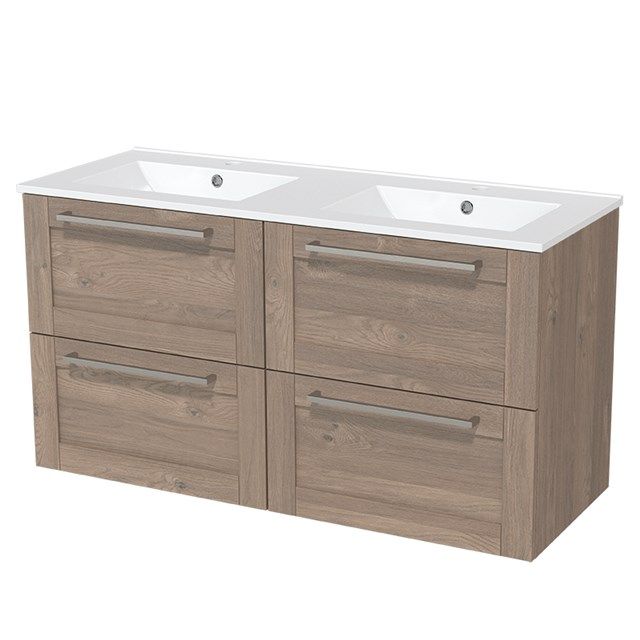 Maxaro Badkamermeubel 120cm Modulo Middenbruin Eiken 4 lades Kader Wastafel Keramiek