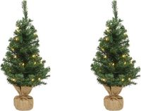 Merkloos / Sans marque Everlands Verlichte Mini Kerstboom - 2x - Groen - Kunststof - 90 cm - In Jute Zak