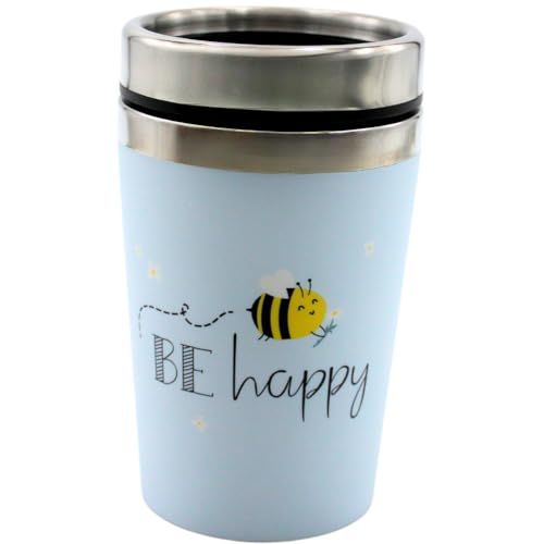 Dekohelden24 Thermobeker/beker to go, koffiemok, geïsoleerde beker, reisbeker, bijenmotief: Be Happy, afmetingen H/ : 13,5 x 8,4 cm, inhoud: 240 ml.