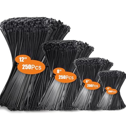 Hosuni 1000-delige zwarte kabelbindersset, 100/150/200/300 mm UV-bestendig nylon voor kabelbeheer