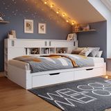 STILVORA Dagbed 140x190 cm – Eenpersoonsbed Met Opberglades En Kasten – Verstelbare Zijplanken – Lattenbodem – Zonder Matras – MDF – Wit