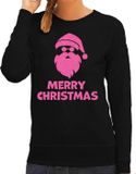 Bellatio Decorations Foute Kersttrui/Sweater Dames - Merry Christmas - Zwart - Glitter Roze - Kerstman S