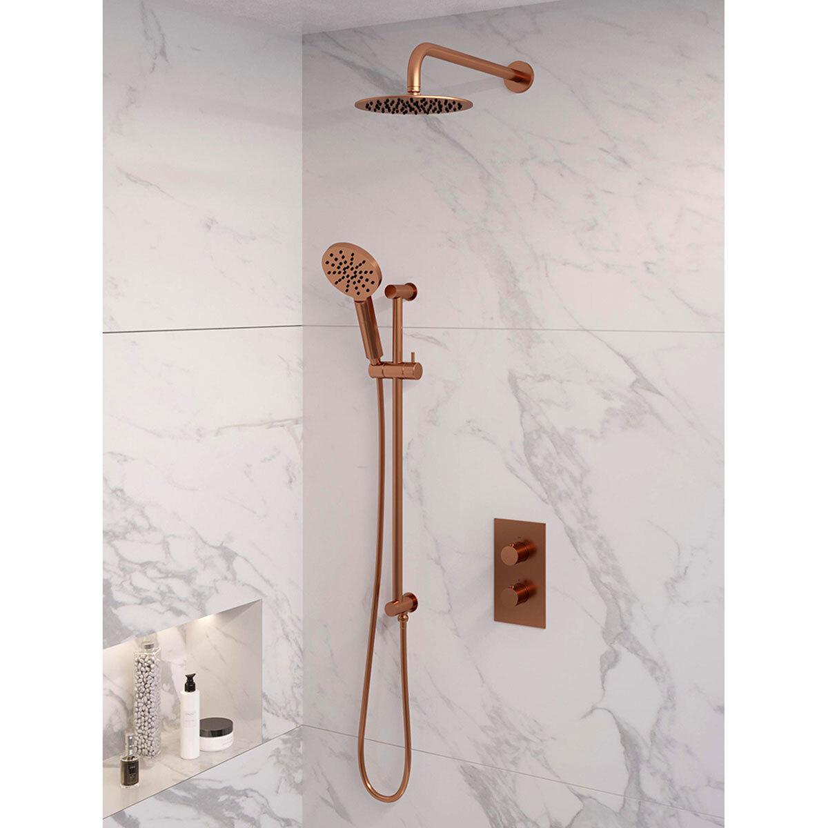 Brauer Regendoucheset 45 Inbouw Muur Copper Edition 20cm Rond Geborsteld Koper PVD 2 Greeps 3-weg met Thermostaatkraan Glijstang en Handdouche