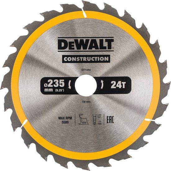 DeWALT Cirkelzaagblad voor Hout | Construction | Ø 235mm Asgat 30mm 24T - DT1954-QZ