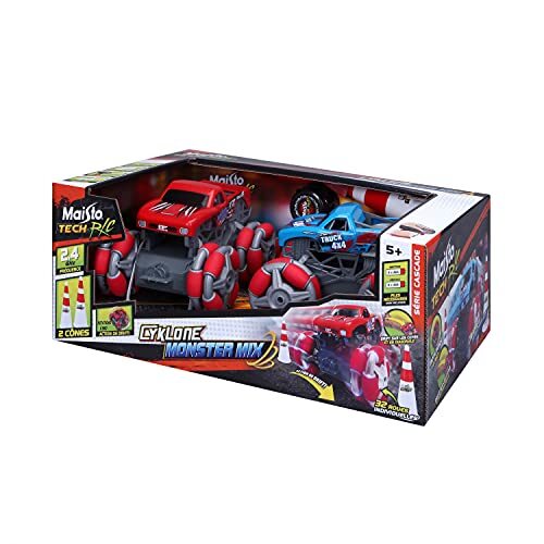 maisto Tech RC-Pack DE 2 Monster Truck CYKLONE Drift + autoaccessoires voor kinderen, M82522, rood en blauw