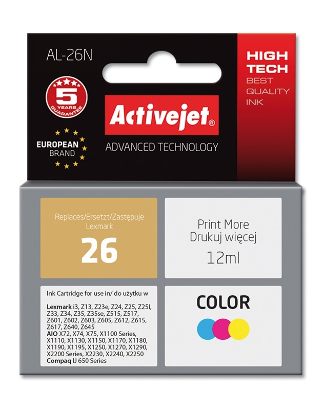 ActiveJet AL-26N inkt (vervangt Lexmark 26 10N0026; Supreme; 12 ml; kleur) single pack / cyaan, geel, magenta