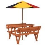 vidaXL Picknicktafel voor 4 kinderen met parasol, massief vurenhout