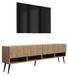 3xE living meuble TV avec panneaux avant rainurés, placage chêne, pieds noirs inclinés