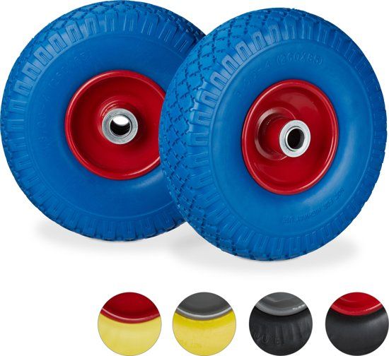 Relaxdays Steekwagenwiel Set van 2 Stuks - Rubberband - Bolderkar - 150 kg - Stalen Velg Blauw-rood
