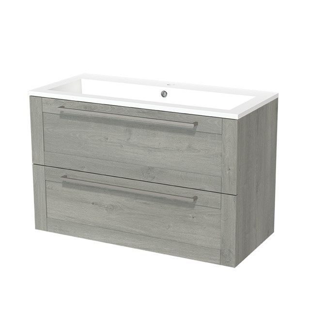 Maxaro Badkamermeubel 100cm Modulo Grijs Eiken 2 lades Kader Wastafel Mineraalmarmer