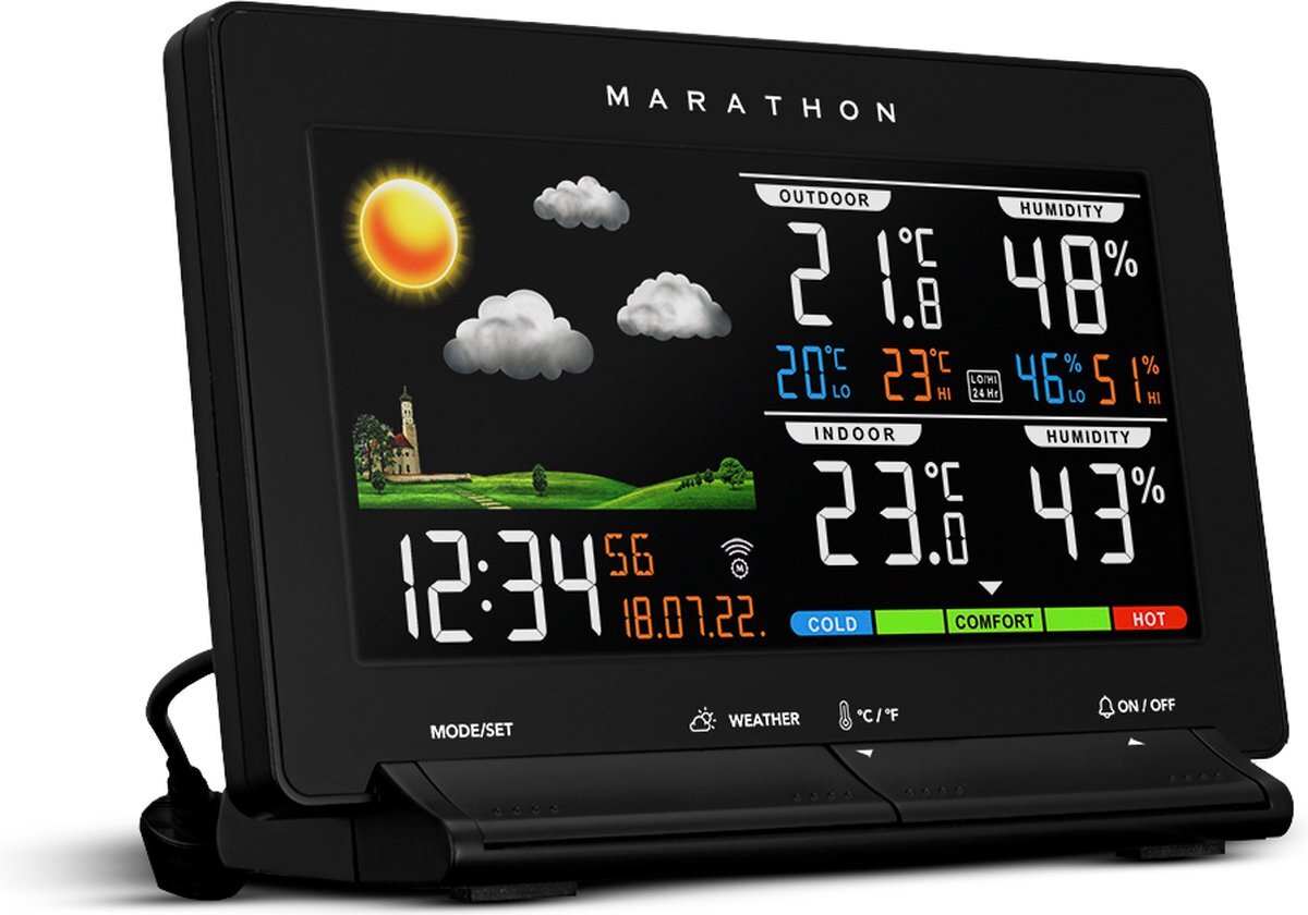 Marathon Marathon- Lisbon- Weerstation- Kleurenscherm- Alarm-Binnen-en buitentemperatuur- Binnen-en buitenvochtigheidsgraad- Comfortindicator- Geleverd met thermo-hygrosensor-Zwart- Proudly Canadian