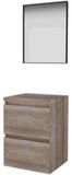 Basic-Line Framed 46 Badkamermeubelset - 50 x 46 cm - Greeploos - 2 Lades - Wastafelblad - Spiegel met Zwart Aluminium Frame - Scotch Oak