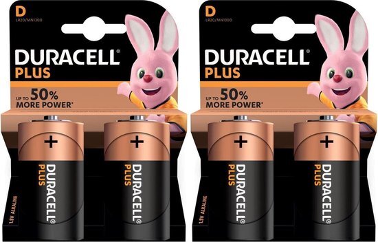 Duracell Set van 4x D Plus batterijen 1.5 V - alkaline - LR20 MN1300 - Batterijen pack