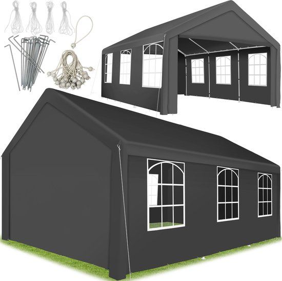 tectake® Paviljoen - Partytent 4x6 m - Grijs - Met 4 Zijwanden - Waterdicht - UV-bescherming - Inclusief Haringen en Spantouwen