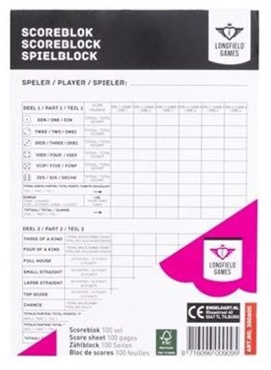 Engelhart Longfield Yahtzee Scoreblok - 100 pagina's - Educatief spel - Nederlands