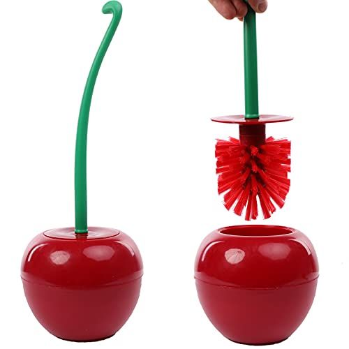 PUMYPOREITY Kersenvorm toiletborstel en houder set, premium plastic ronde kom schrobber reiniger set voor badkamer, duurzame houder met diepe reiniging borstelharen