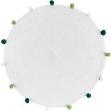 Merkloos Decoratief Rond Kleed - Laagpolig Tapijt - Woonkamer Aankleden - Met Groene Pompons - 90x90cm - Wit