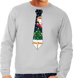 Bellatio Decorations Foute kersttrui - sweater - met stropdas in kerst print - grijs - voor heren L