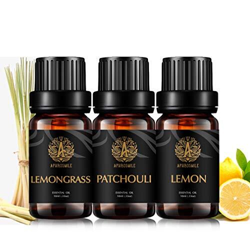 Aphrosmile Therapeutische kwaliteit patchouli etherische olieset voor diffuser, 3 x 10 ml aromatherapie citroen etherische olie kit voor massage, 100% zuiver citroengras etherische olie set voor het maken van kaarsen