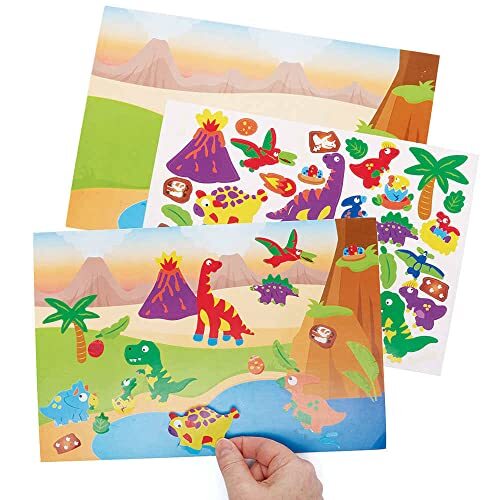 Baker Ross FC806 Dinosaurus Sticker Scene Kits - Set van 5 Kits, Zelfklevende Stickers voor Kinderen, Knutselen voor Kinderen, Stickers voor Kinderen