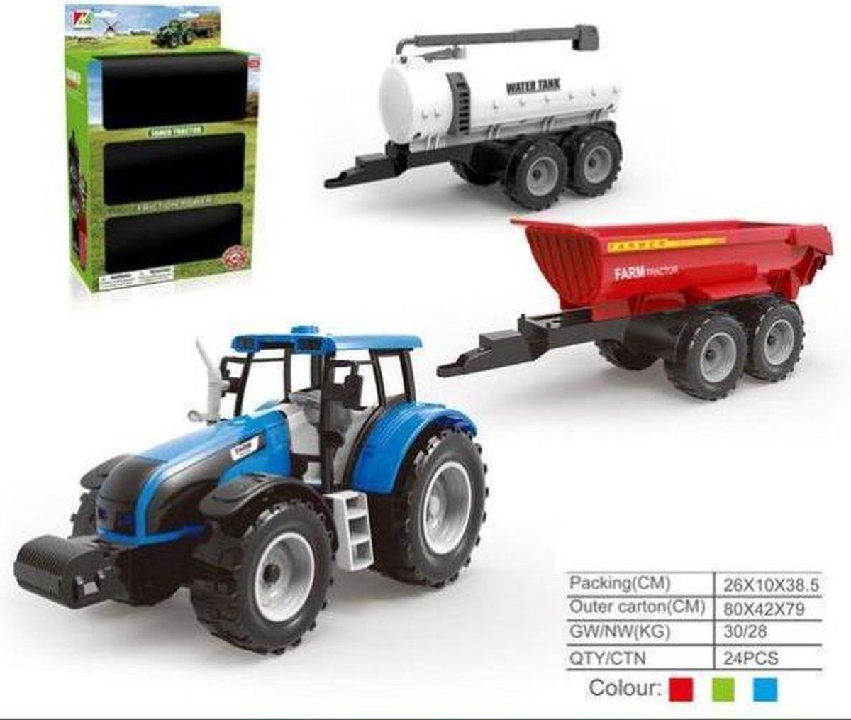 KIDDOO Tractor met 2 Aanhangwagens 26x10x38,5cm Wit/Blauw/Rood
