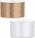 Merkloos Sierlinten/cadeaulinten/satijnen linten - Set 2x stuks - goud en wit - 38 mm x 25 meter