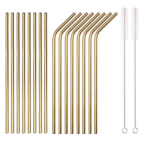 HOMQUEN 18-Delige Goud Roestvrijstalen Rietjes, Herbruikbare Rietjes Van 8,5 Inch Met Goud, Met Draagtas (8 Recht/8 Gebogen / 2 Borstels)
