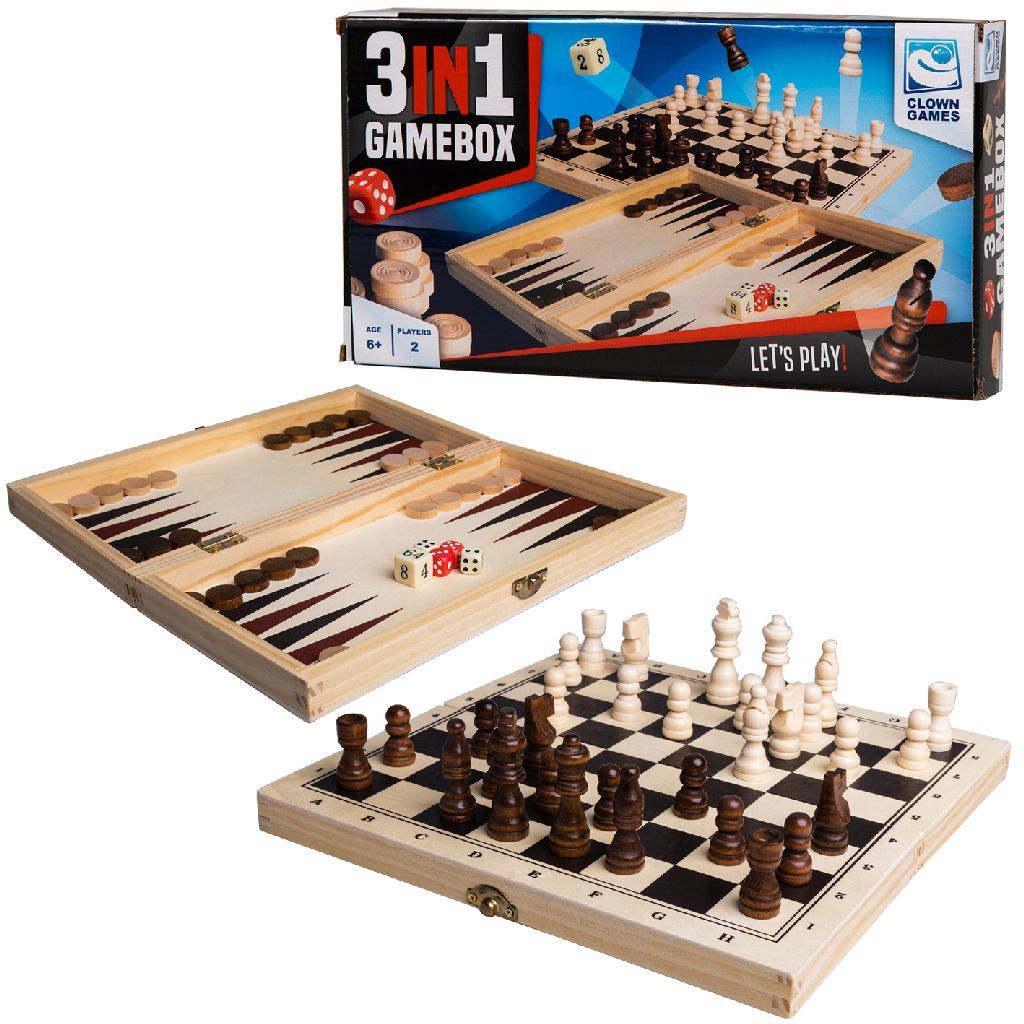 Clown Games 3-In-1 Spellendoos Hout - Schaken, Dammen & Backgammon - Hout