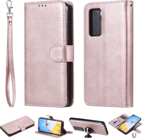 Voor Huawei P40 2 in 1 Afneembare PU lederen hoes in effen kleur met kaartsleuven &amp; magnetische houder &amp; fotolijst &amp; portemonnee &amp; riem (ros&#233;goud)