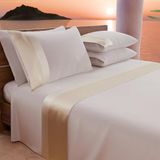 PETTI Artigiani Italiani - Tweepersoons beddengoedset met dubbele volant van satijn, 4-delig, 180 x 200 cm, bedlaken van percal-katoen, hoeslaken, bedlaken en 2 kussenslopen, crèmekleurig