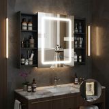 Puluomis - Badkamerspiegelkast met LED-verlichting - Medicijnkastje - 55-103x70 cm - Uittrekbare planken - Anticondens - Badkamerkast - Zwart