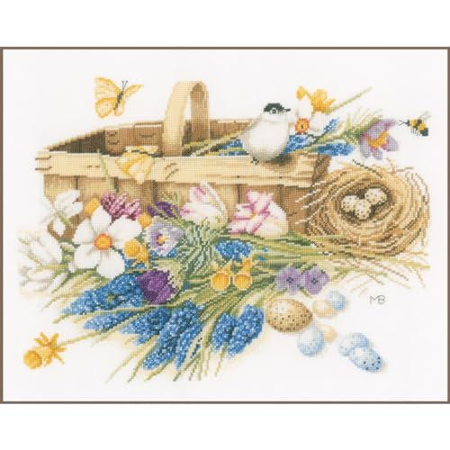 LANARTE Borduurpakket Kruissteek Schilderij LENTEBLOEMEN Handwerkpakket voor Wanddecoratie 39 x 32 cm Borduurwerk met Telpatroon DIY Kit Moderne Kruissteek Cadeau Knutselen Voor Volwassenen