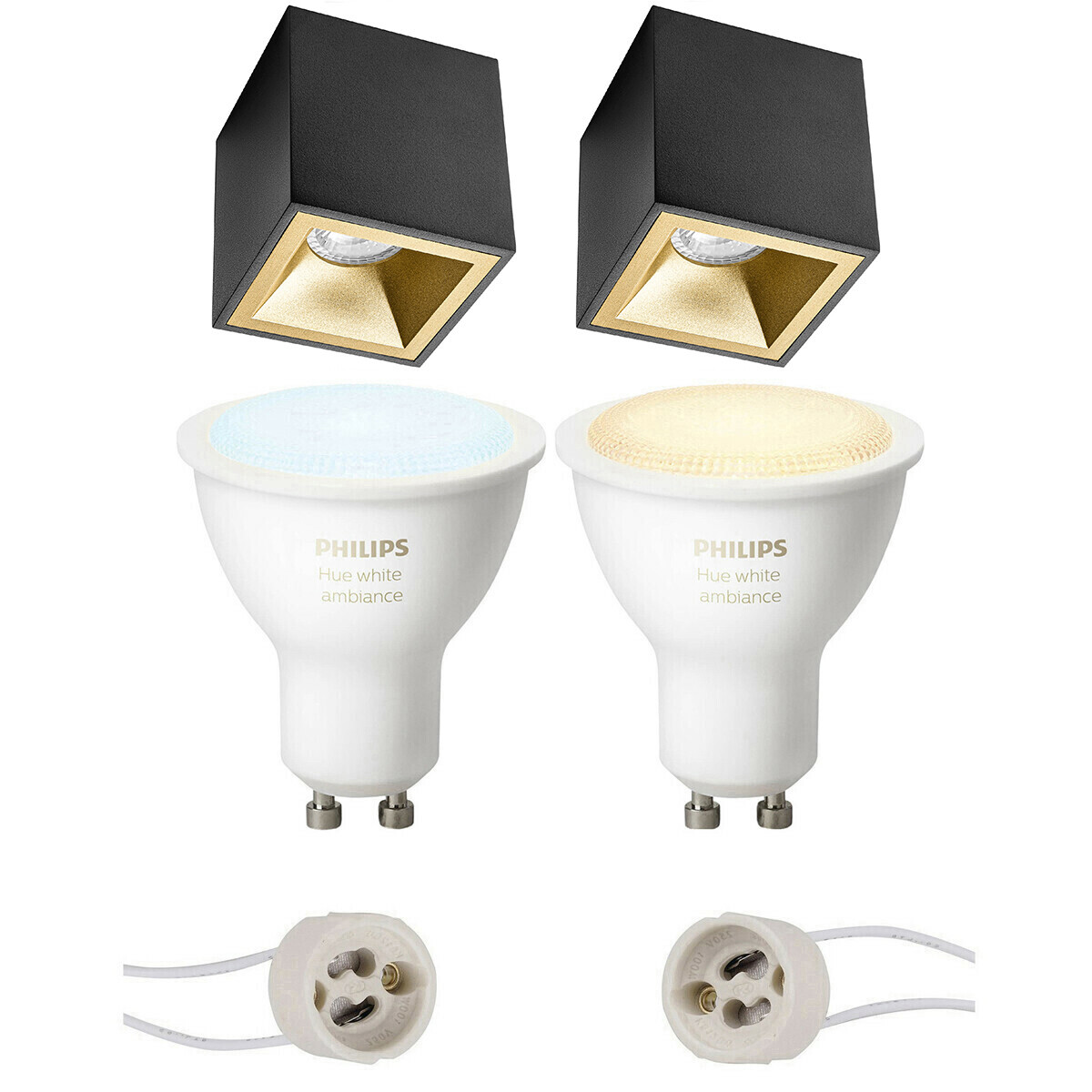 BES LED Pragmi Cliron Pro - Opbouw Vierkant - Mat Zwart/Goud - Verdiept - 90mm - Philips Hue - Opbouwspot Set GU10 - White Ambiance - Bluetooth