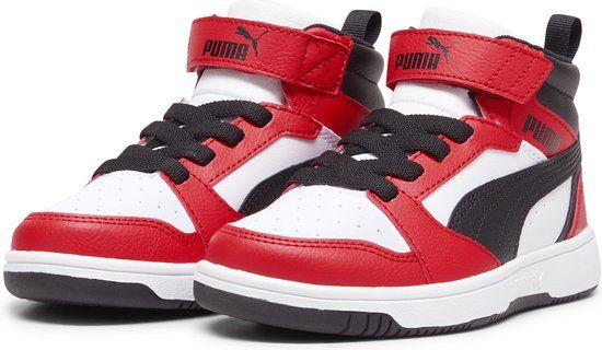 PUMA Rebound V6 Mid AC+ PS Unisex Sneakers - PUMA White-PUMA Black-For All Time Red | Kids - Size 29