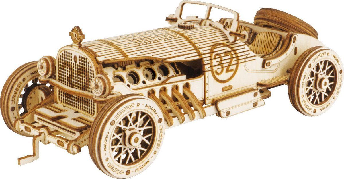 Robotime 3D Puzzel Modelbouw Pakket V8 Grand Prix Car MC401 - Hout - Beige