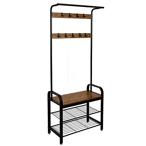 Meerveil Vintage kapstok, industrieel, schoenenrek met zitvlak, metalen frame, kledingstandaard met 9 afneembare haken, 2 roosterplanken, 72 x 34 x 183 cm, retrobruin-zwart