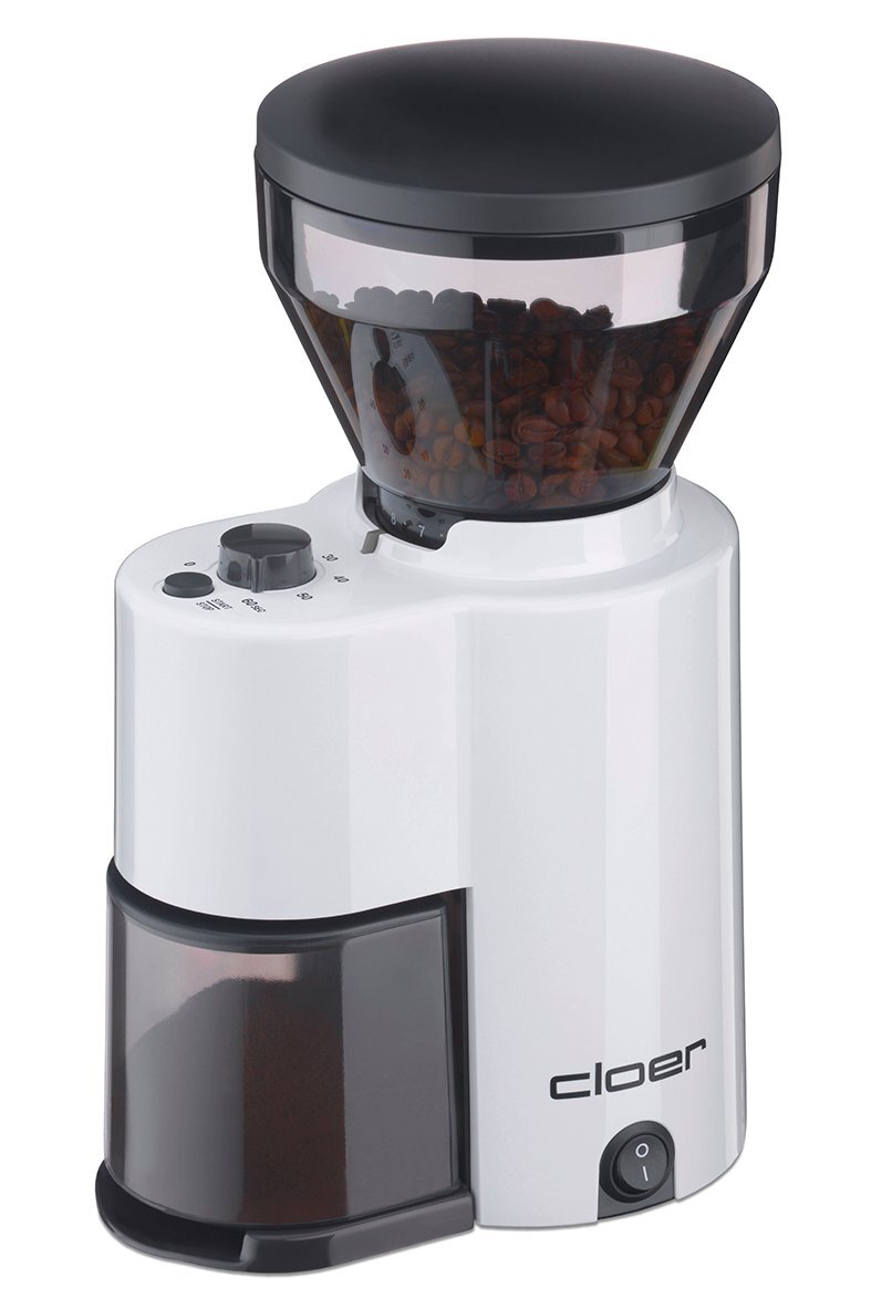 Cloer elektrische koffiemolen met kegelmaalsysteem voor 2 – 12 mokken en 300 g koffiebonen 150 W verstelbare maalgraad wit