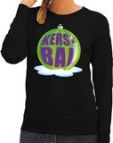 Bellatio Decorations Foute kersttrui kerstbal groen op zwarte sweater voor dames - kersttruien XS