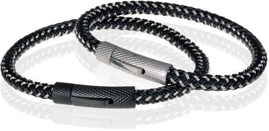 TJ Tom Jaxon Tom Jaxon Heren armband geweven leer met Edelstaal Zwart-21cm