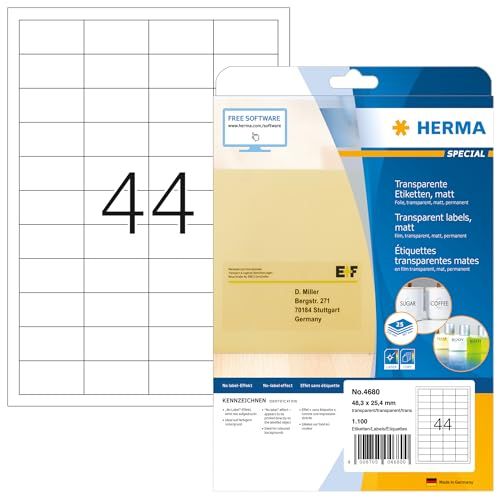 HERMA 4680 weerbest folielabels A4 transparant (48,3 x 25,4 mm, 25 velles, polyesterfolie, mat) zelfklevend, bedrukbaar, permanente klevende etiketten, 1.100 etiketten voor printer