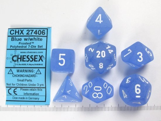Chessex dobbelstenen set 7 polydice Frosted blue w/white
