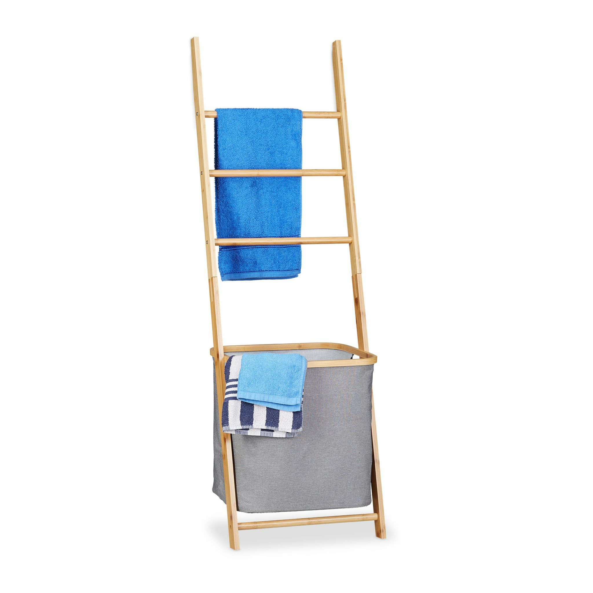 Relaxdays Handdoekhouder Bamboe - Handdoekladder - Wasmand - Handdoekenrek Hout - 40L - Lichtbruin/Grijs