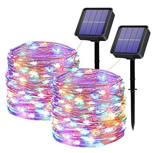 Oreunik Zonne Lichtslingers Buiten, 2 Pack 2x120LED Zonne Aangedreven Fairy Lights Waterdicht 12M/40Ft 8 Modi Binnen/Buiten Sterrenverlichting Decoratie Verlichting voor Tuin, Patio(Kleurrijk)