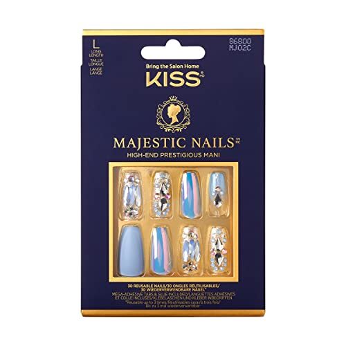 Kiss Majestic hoogwaardige manicureset, My Jewelry, lange lengte, cafeïne, hoogwaardige kunstnagels, inclusief nagellijm, kleefpads, minivijl, voorbereidingspads en 30 kunstnagels