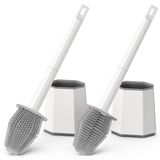 Euqvunn Siliconen Toiletborstel & Houder, 2-Pack Toiletborstel Set Wandbevestigd, Dieptereinigende Toiletborstel met Dubbelzijdig Hoofd en Lang Plastic Handvat, Anti-druppel Badkameraccessoires (Wit)